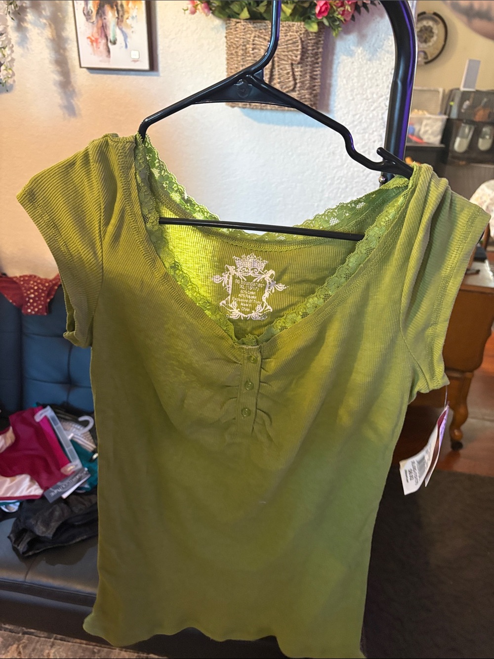 No Boundaries Olive Green Short Sleeve Lace-Trim Henley Tee